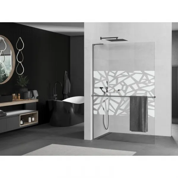 MEXEN/S - Kioto+ L Sprchová zástena WALK-IN s poličkou a držiakom uterákov 80 x 200, biely vzor, grafit metal 800-080-123-95-85