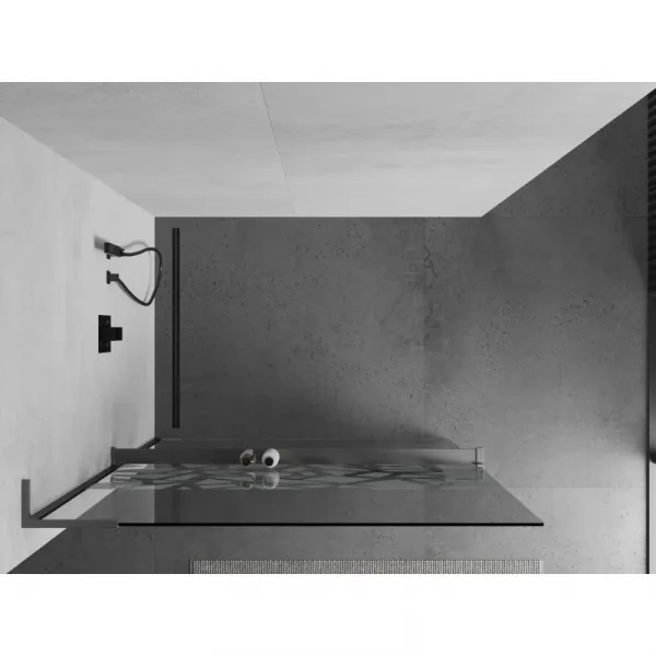 MEXEN/S - Kioto+ L Sprchová zástena WALK-IN s poličkou a držiakom uterákov 80 x 200, biely vzor, grafit metal 800-080-123-95-85