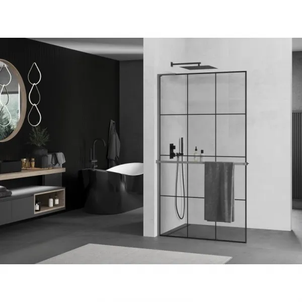 MEXEN/S - Kioto+ L Sprchová zástena WALK-IN s poličkou a držiakom uterákov 110 x 200, čierny vzor, grafit metal 800-110-123-95-77