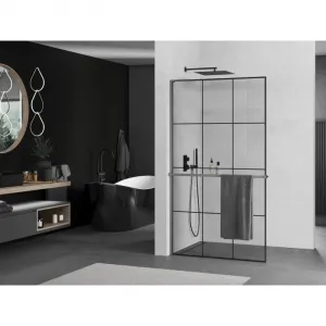 MEXEN/S - Kioto+ L Sprchová zástena WALK-IN s poličkou a držiakom uterákov 110 x 200, čierny vzor, grafit metal 800-110-123-95-77