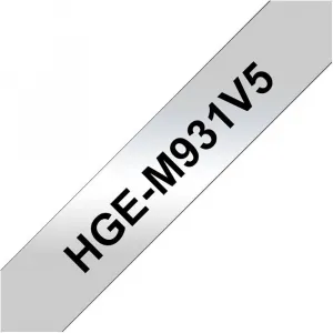 Brother HGE-M931V5, 12mm x 8m, čierna tlač / strieborný podklad, originálna páska, 5ks