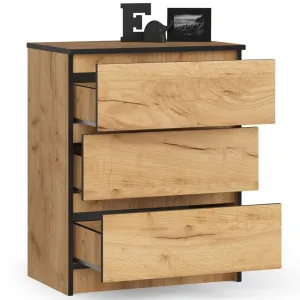 Ak furniture Komoda Kuba 60 cm se 3 zásuvkami dub craft zlatý