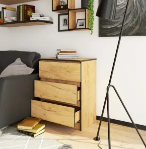 Ak furniture Komoda Kuba 60 cm se 3 zásuvkami dub craft zlatý