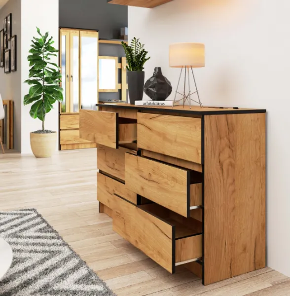 Ak furniture Komoda Kuba 120 cm 6 zásuviek dub craft zlatý