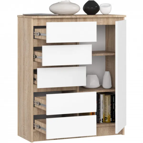 Ak furniture Komoda JERRY 80 cm 1 dveře 5 zásuvek dub sonoma/bílá