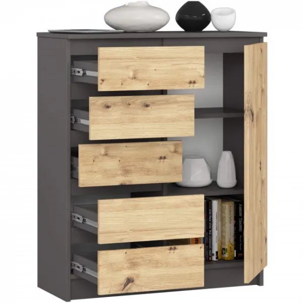 Ak furniture Komoda JERRY 80 cm 1 dveře 5 zásuvek grafitová/dub artisan