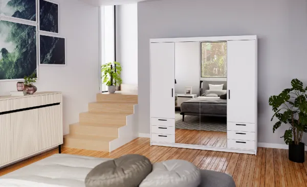 ArtLemp Šatníková skriňa ELLEN 4D6S so zrkadlom | biela