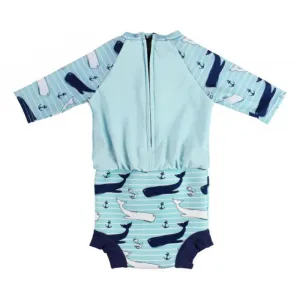 Plavky Happy Nappy UV oblečko 3/4 rukáv Veľryby XL (12 – 24 mes.)