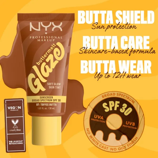 NYX Professional Makeup Buttermelt Glaze rozjasňujúci tónovací fluid SPF 30 odtieň 07 toffee Butta ml