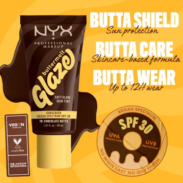 NYX Professional Makeup Buttermelt Glaze rozjasňujúci tónovací fluid SPF 30 odtieň 10 Chocolate Butta ml