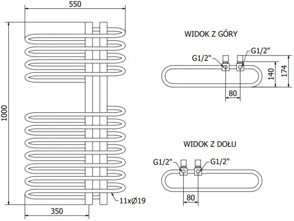 MEXEN - Ops vykurovací rebrík/radiátor 1000 x 550 mm, 517 W, čierna W122-1000-550-00-70