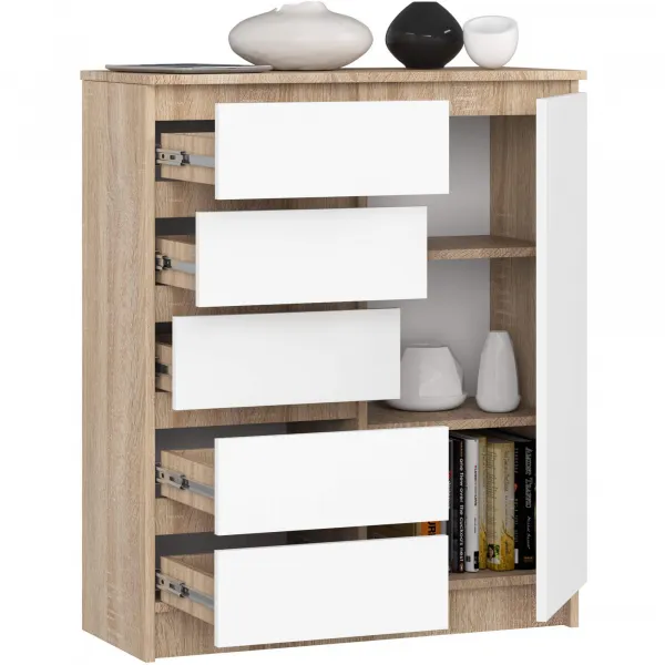 Ak furniture Komoda JERRY 80 cm 1 dveře 5 zásuvek dub sonoma/bílá