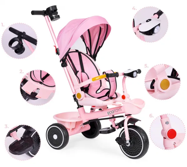 Dětská tříkolka - kočárek Ecotoys HEAVEN 2v1 růžová