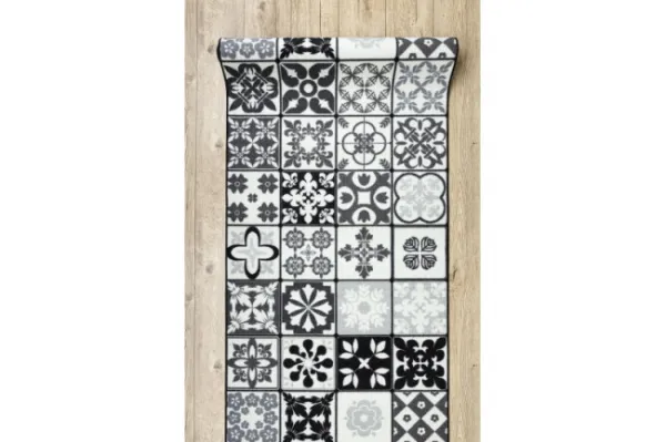 Protišmykový behúň AZULEJO PATCHWORK lisabonský obklad - sivý / čierny