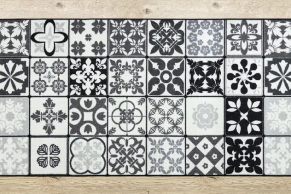 Protišmykový behúň AZULEJO PATCHWORK lisabonský obklad - sivý / čierny