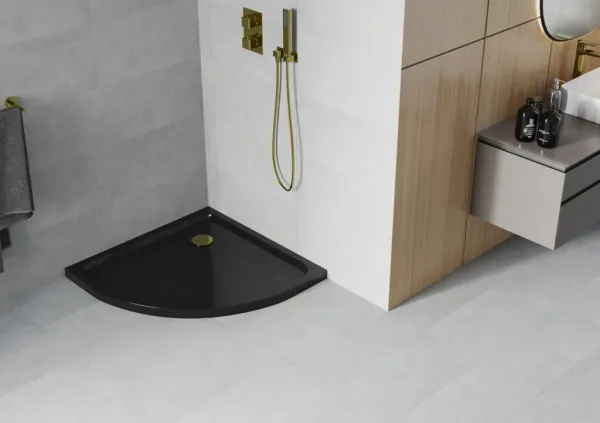 MEXEN/S - Flat sprchová vanička štvrťkruhová slim 90 x 90, černá + zlatý sifón 41709090G