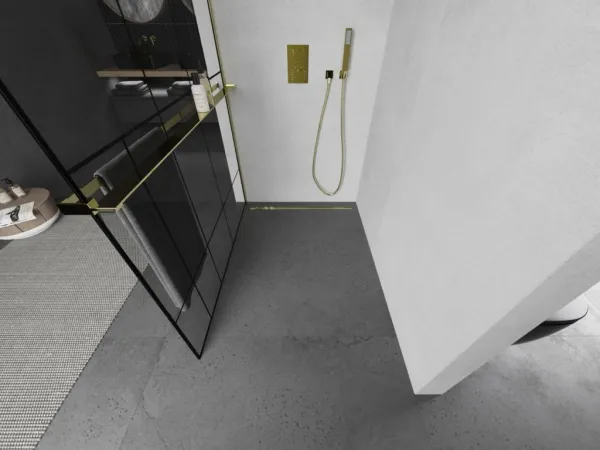 MEXEN/S - KIOTO Sprchová zástena WALK-IN s poličkou a držiakom uterákov 90 x 200, transparent/čierna 8 mm, zlatá 800-090-121-50-78