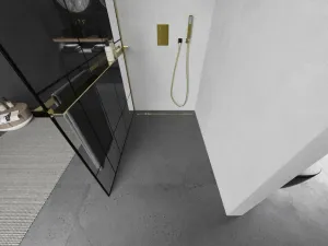 MEXEN/S - KIOTO Sprchová zástena WALK-IN s poličkou a držiakom uterákov 90 x 200, transparent/čierna 8 mm, zlatá 800-090-121-50-78