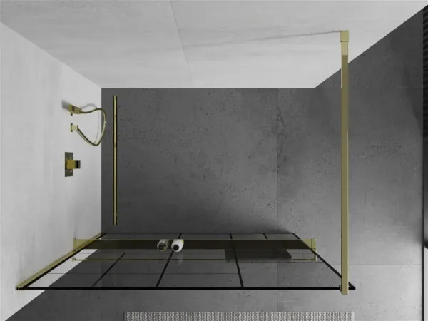 MEXEN/S - KIOTO Sprchová zástena WALK-IN s poličkou a držiakom uterákov 90 x 200, transparent/čierna 8 mm, zlatá 800-090-121-50-78