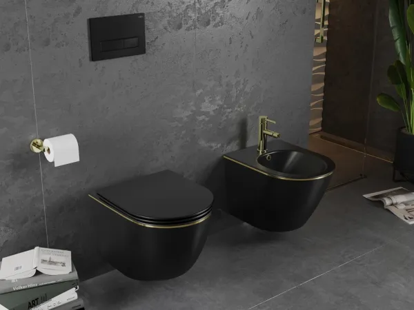 MEXEN - Lena Závesná WC misa vrátane sedátka s slow-slim, duroplast, čierna mat/zlatá linka 30224075