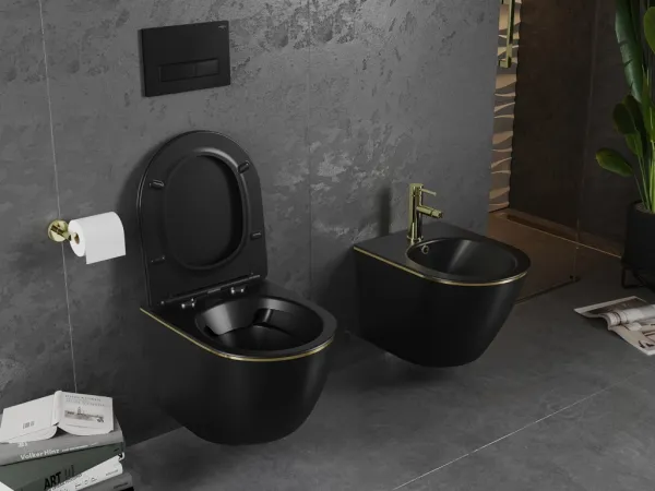 MEXEN - Lena Závesná WC misa vrátane sedátka s slow-slim, duroplast, čierna mat/zlatá linka 30224075