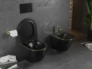 MEXEN - Lena Závesná WC misa vrátane sedátka s slow-slim, duroplast, čierna mat/zlatá linka 30224075