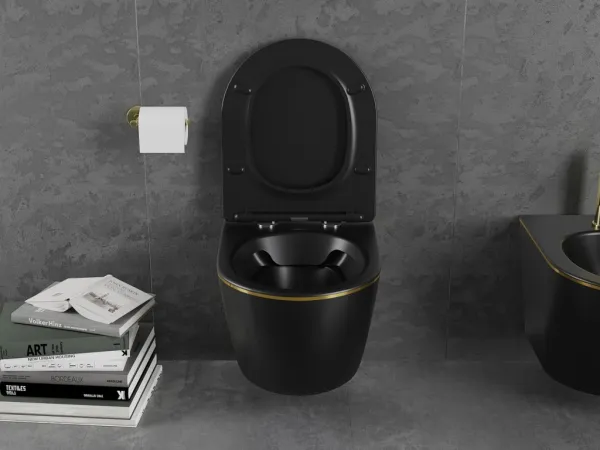 MEXEN - Lena Závesná WC misa vrátane sedátka s slow-slim, duroplast, čierna mat/zlatá linka 30224075