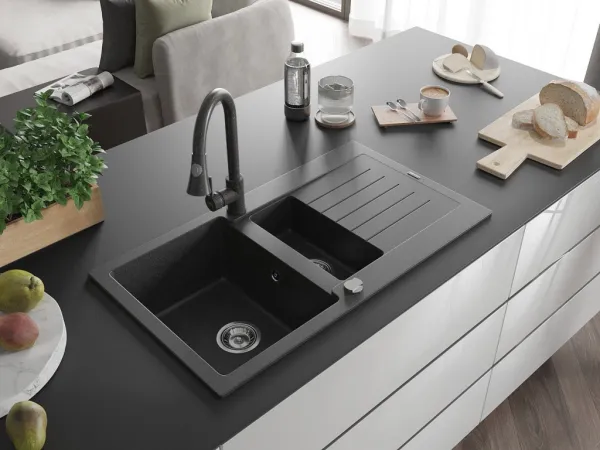 MEXEN/S MEXEN/S - Matias granitový drez 1.5 s odkvapkávačom vrátane batérie Elia, čierna kropenatá 6502-76-670101-76