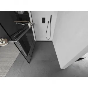 MEXEN/S - Kioto+ L Sprchová zástena WALK-IN s poličkou a držiakom uterákov 90 x 200, čierny vzor, grafit kartáčovaná 800-090-123-66-78