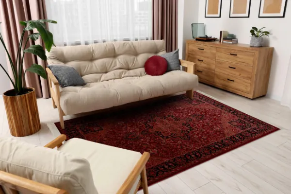Koberec ORIENT Y307 so strapcami, rám / ornament / klasický, bordový / čierny