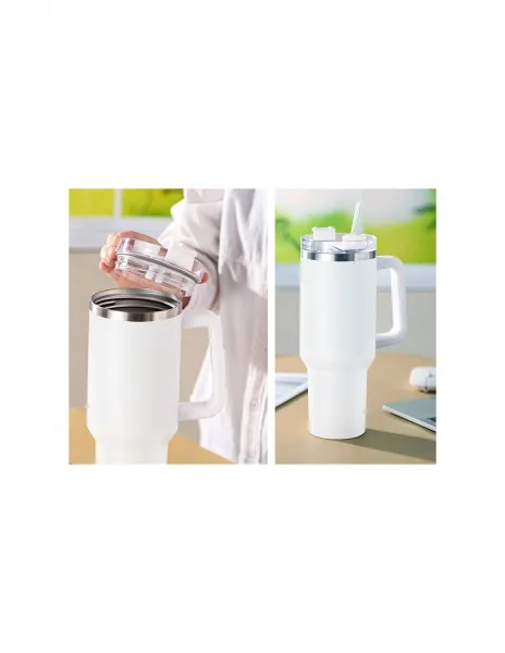 Termohrnček nerezový dvojstenný G870 XXL 1200 ml so slamkou v bielej farbe