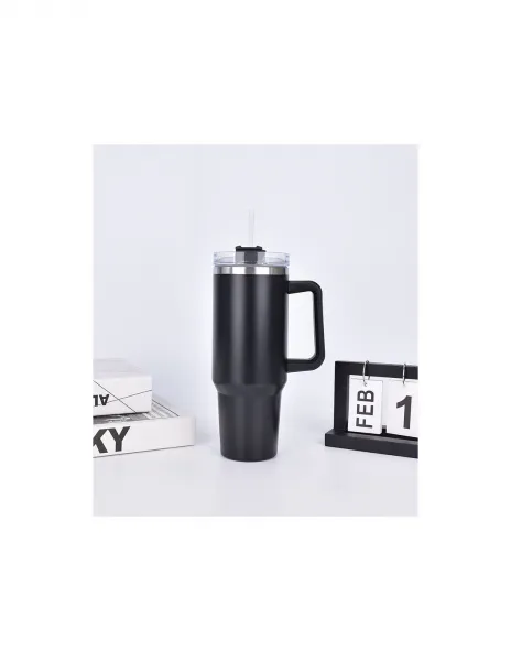 Termohrnček nerezový dvojstenný G873 XXL 1200 ml so slamkou v čiernej farbe