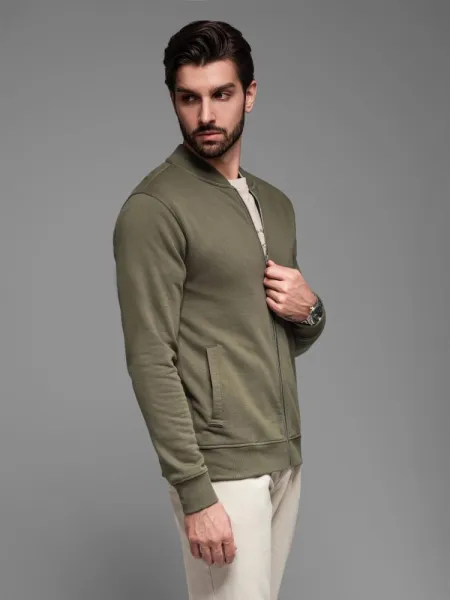 Pánska mikina bez kapucne na zips- khaki
