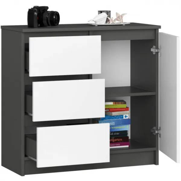 Ak furniture Komoda JERRY K 80 cm 1 dveře 3 zásuvky šedá/bílá