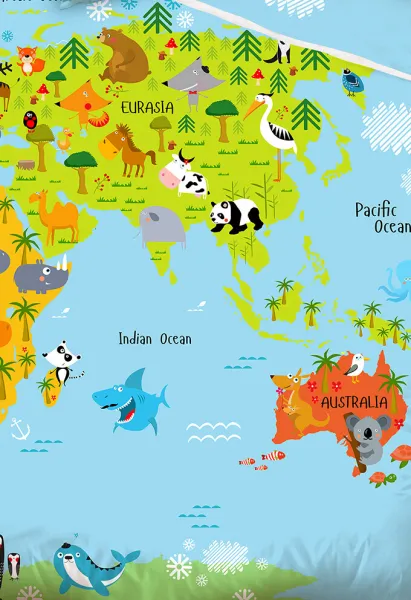 Tiptrade Bavlnené obliečky Mapa Zvierat, 140 x 200 cm, 70 x 90 cm