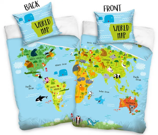 Tiptrade Bavlnené obliečky Mapa Zvierat, 140 x 200 cm, 70 x 90 cm