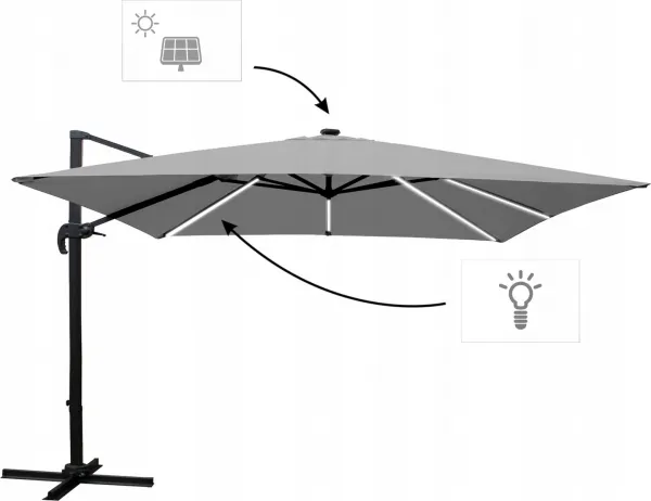 Garden Line Zahradní slunečník s ochranným obalem a LED osvětlením ROMA 300 x 400 cm šedý