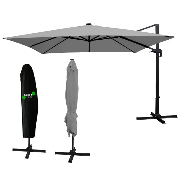 Garden Line Zahradní slunečník s ochranným obalem a LED osvětlením ROMA 300 x 400 cm šedý