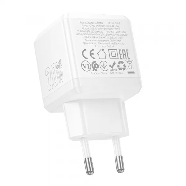 Borofone adaptér BN19 Intenso GaN - USB + USB-C, PD, 20W, QC 3.0, 3A, biely