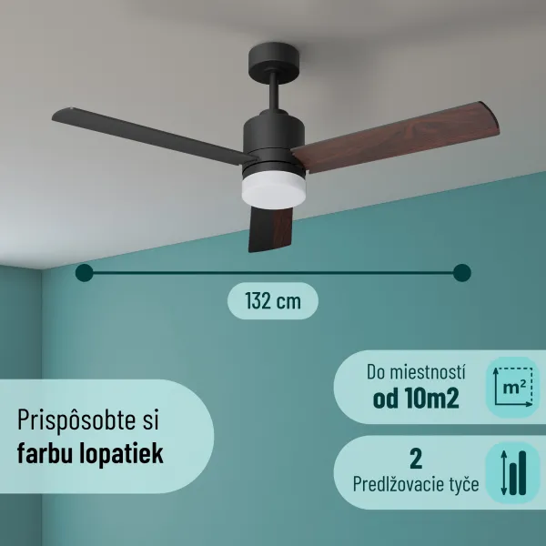 Noaton 14132BBD Canis, čierna a tmavé drevo, stropný ventilátor so svetlom