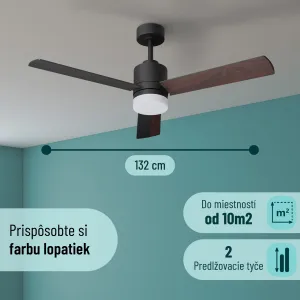 Noaton 14132BBD Canis, čierna a tmavé drevo, stropný ventilátor so svetlom