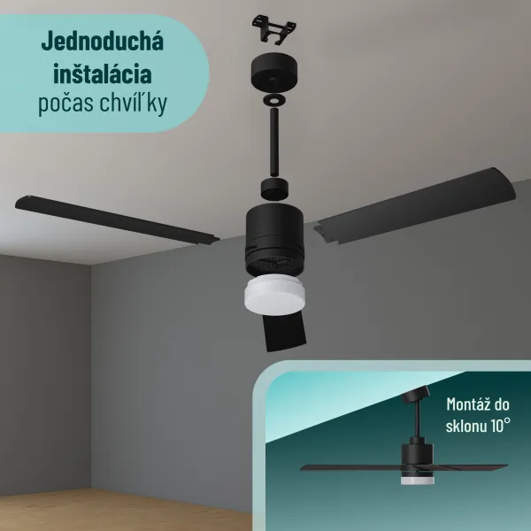 Noaton 14132BBD Canis, čierna a tmavé drevo, stropný ventilátor so svetlom