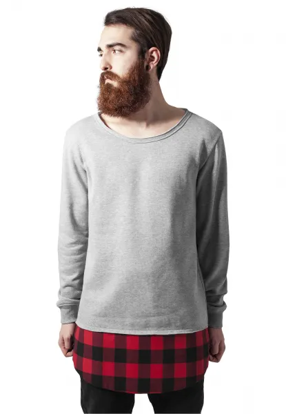 Dlhý flanell spodný otvorený okraj Crewneck šedá/bloková/červená