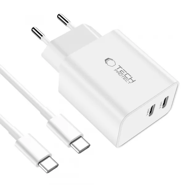 Tech-Protect C35W sieťová nabíjačka 2x USB-C 35W + kábel USB-C, biela