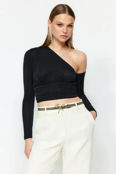Trendyol Čierny Trblietavý Strieborný Pletený Bustier