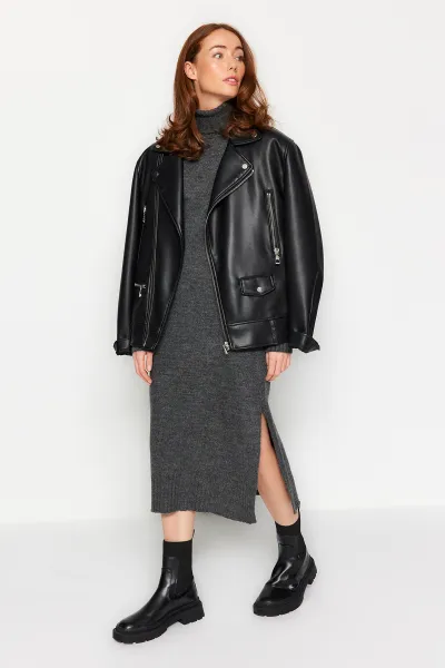 Trendyol Anthracite Midi Knit Wide Pattern Soft Texture Dress