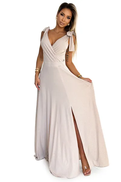 405-6 ELENA Long dress with a neckline and ties on the shoulders - beige with glitter