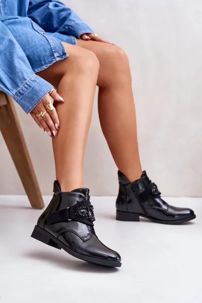Lacquered women's ankle boots with decoration insulated S.Barski black