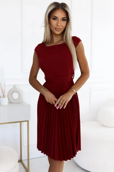 311-15 LILAC Pleated dress with short sleeves and belt - BORDO