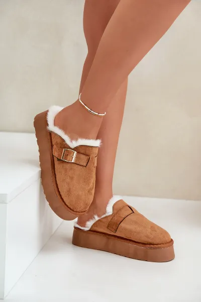 FK1 Dámske papuče na hrubej podrážke s kožušinou a sponou Camel Linneola